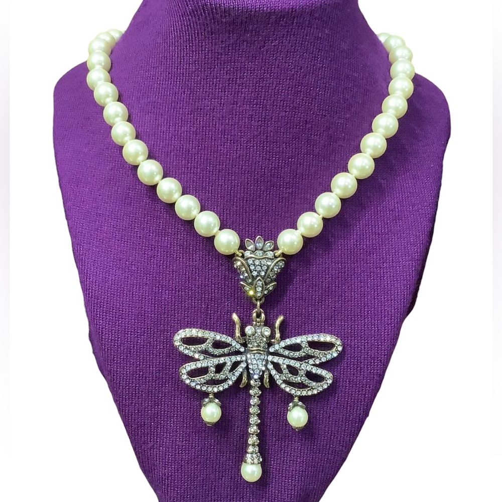 Heidi Daus Pearl, Gold, & Silver Dragonfly Necklace. Signed